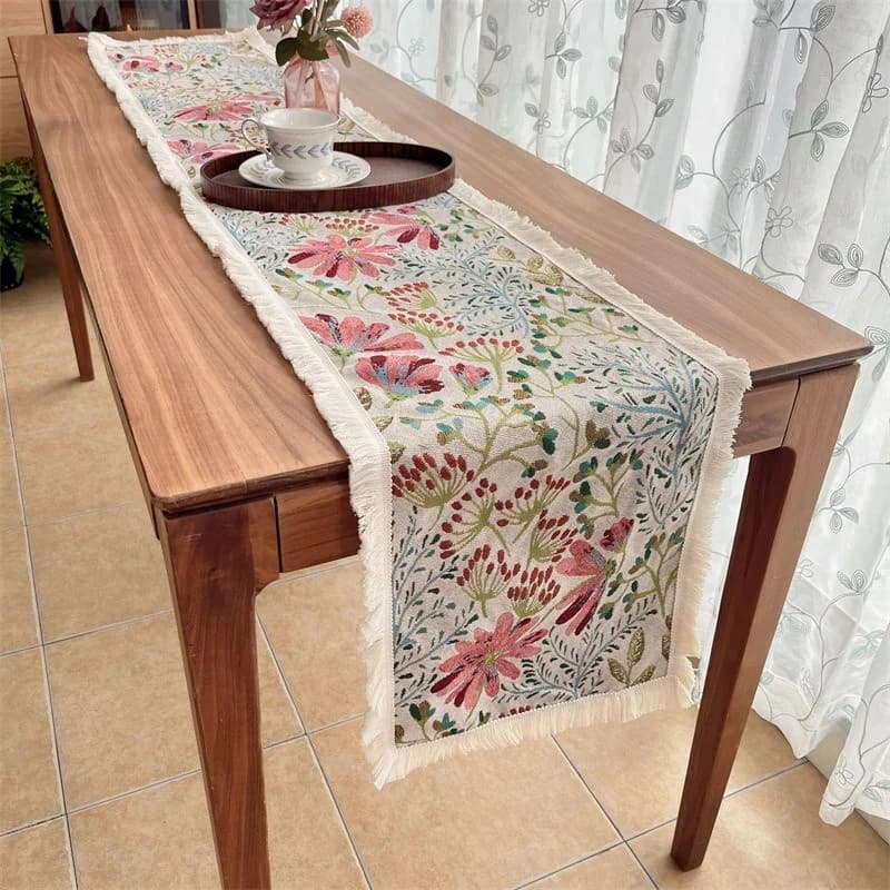 Runner da Tavola in Misto Cotone Stile Nordico con Motivo Floreale