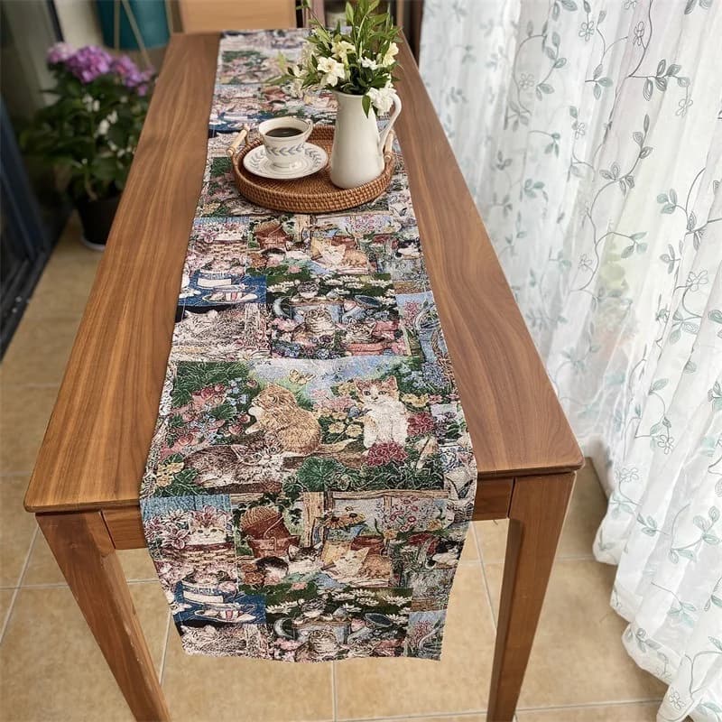 Runner da Tavola in Mistura Cotone Lino con Stampa Gatti Floreali per Arredo Casa