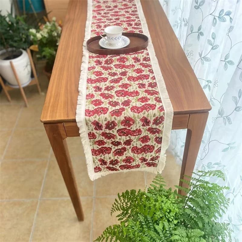 Runner da Tavola Stile Country in Misto Cotone con Decoro Floreale