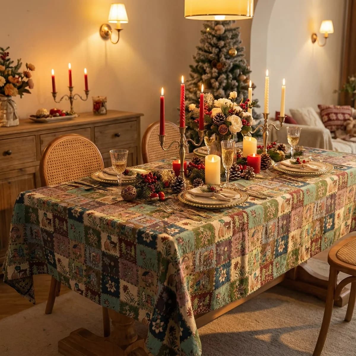 Runner e Tovaglia in Misto Cotone con Motivo Jacquard Floreale
