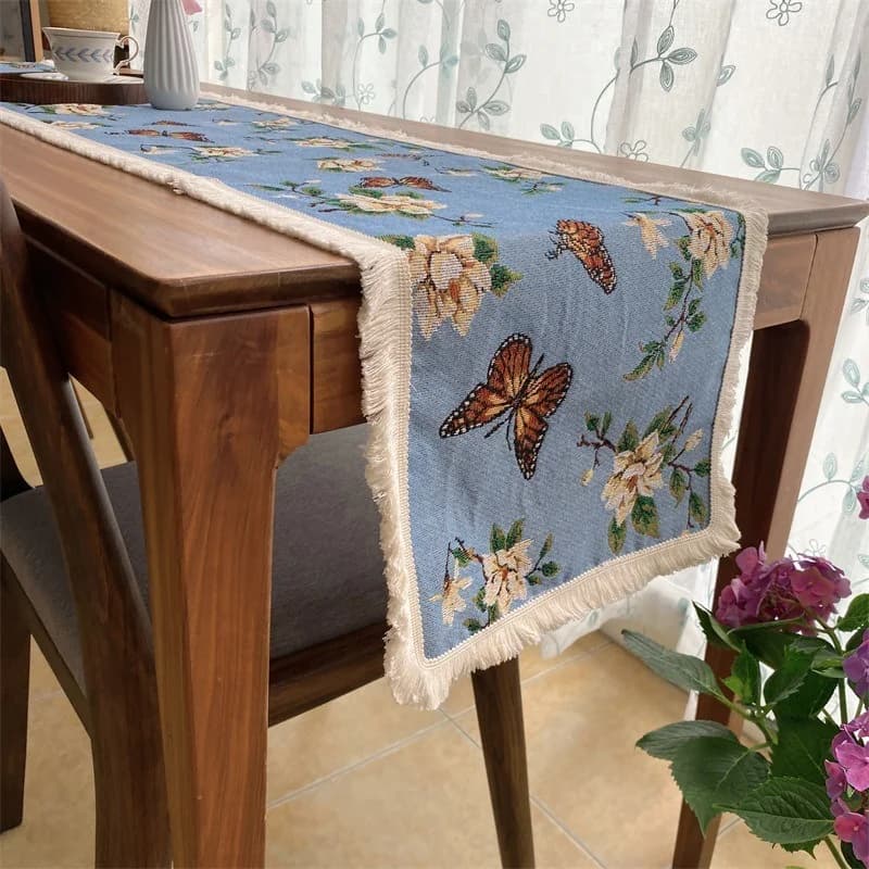 Runner da Tavola Stile Country Americano con Stampa Floreale e Farfalle