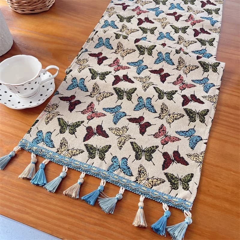 Runner da Tavolo in Mistura Cotone con Stampe Farfalle e Floreali