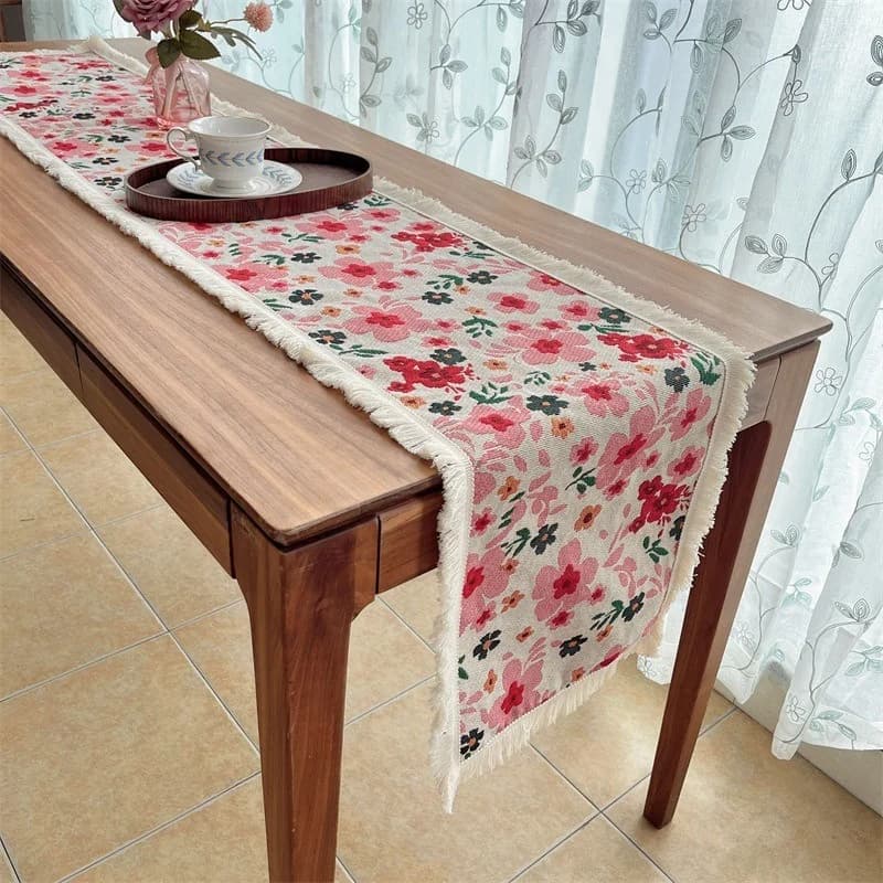 Runner da Tavola Stile Country Americano in Cotone Misto con Decorazione Floreale