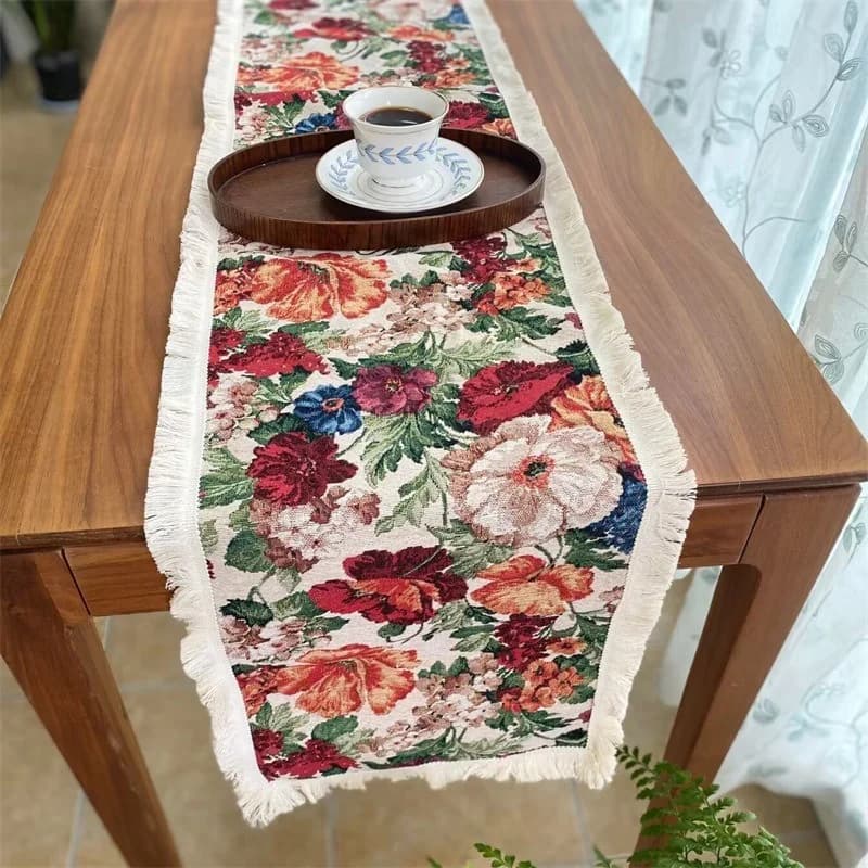 Runner da Tavola Vintage in Misto Cotone e Lino con Motivo Floreale