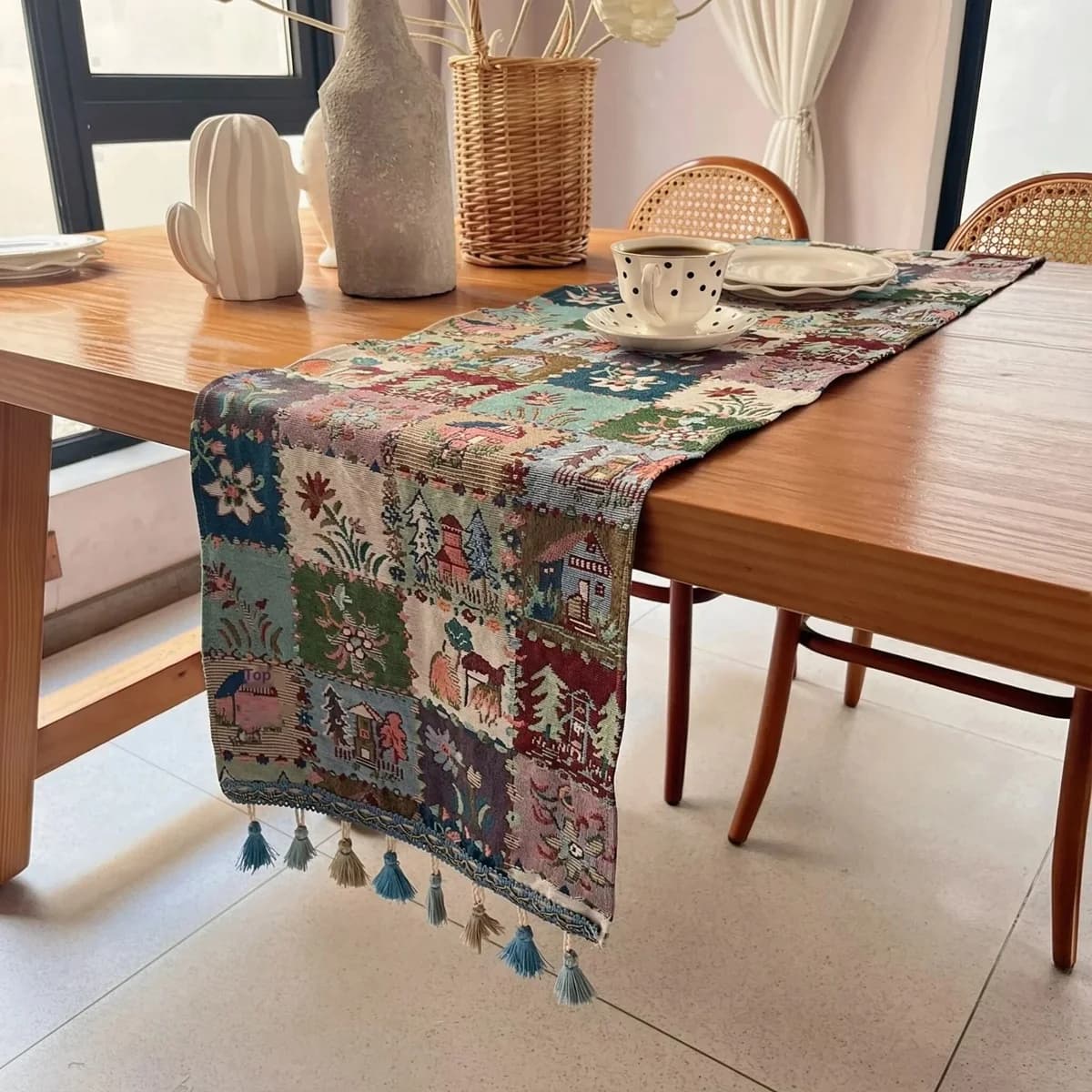 Runner da Tavola Stile Country Francese in Misto Cotone e Lino con Motivo Floreale