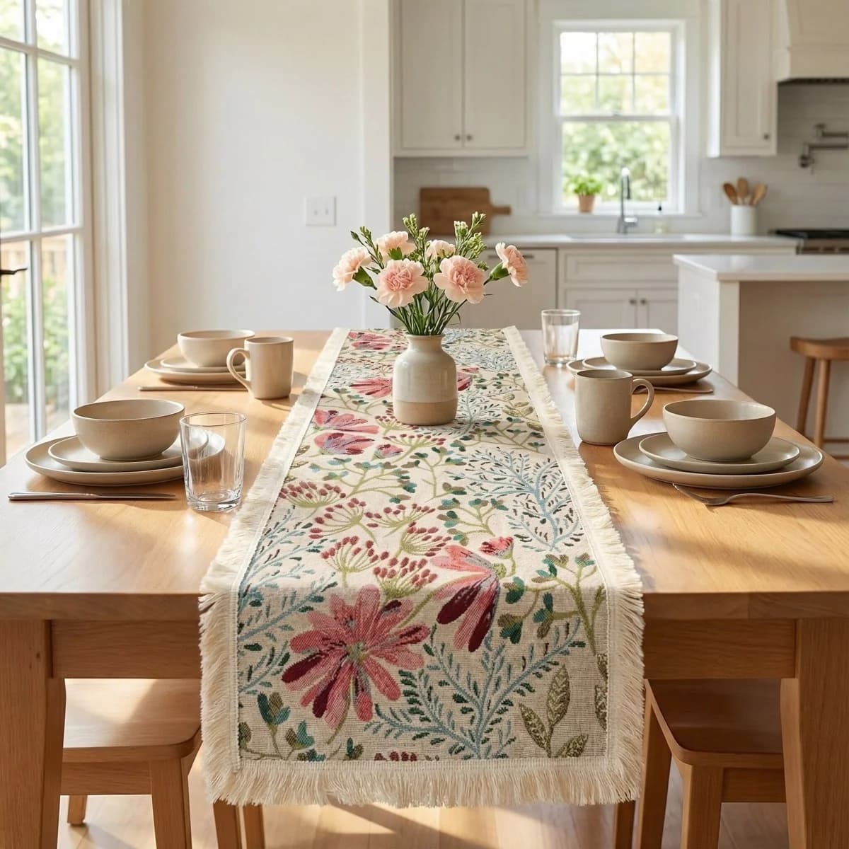 Runner da Tavolo Jacquard in Misto Cotone con Motivo Floreale per Arredo Sala da Pranzo