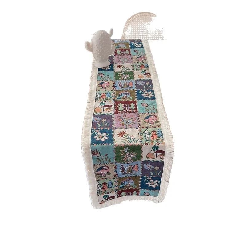 Runner da Tavola Stile Country Americano Stampa Floreale e Piante in Misto Cotone
