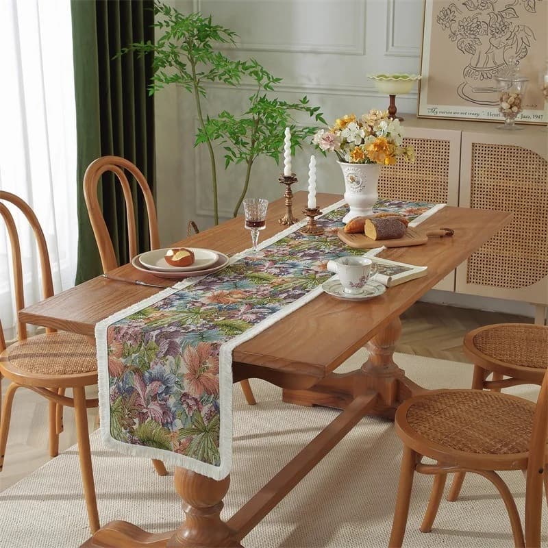 Runner da Tavola Stile Country Americano Misto Cotone Lino Motivo Floreale