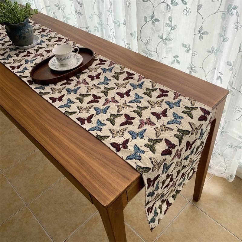 Runner da Tavolo Jacquard Stile Country Rustico con Fiori e Farfalle