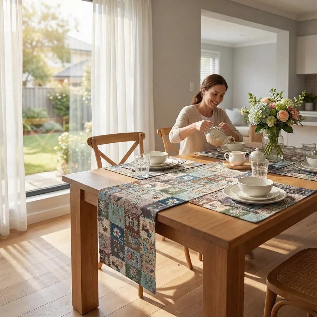Runner da Tavolo Jacquard Stile Country Rustico con Fiori e Farfalle