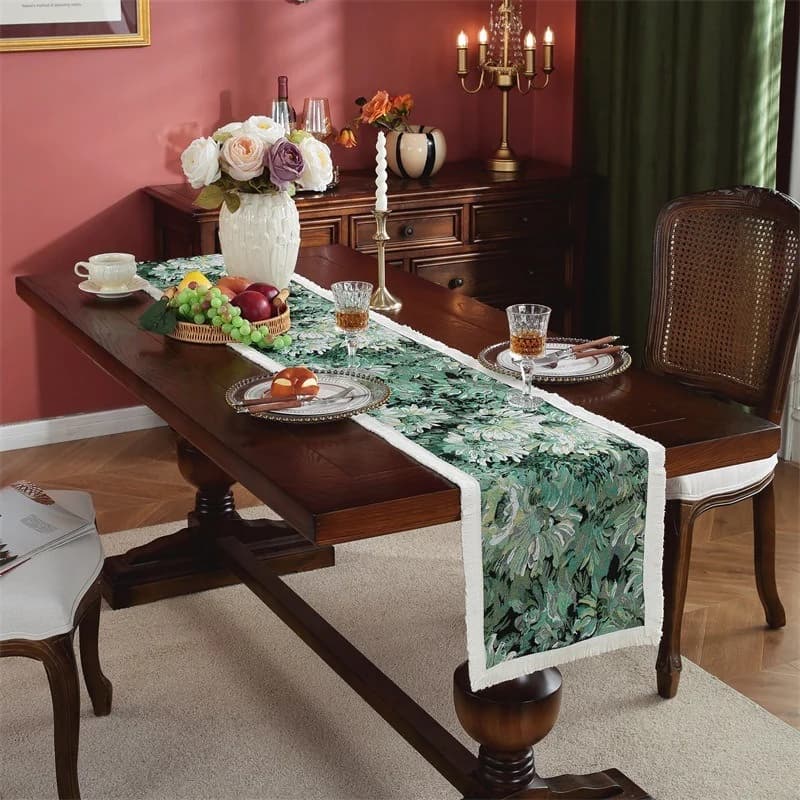 Runner da Tavola Vintage Stile Dipinto ad Olio Francese con Frange