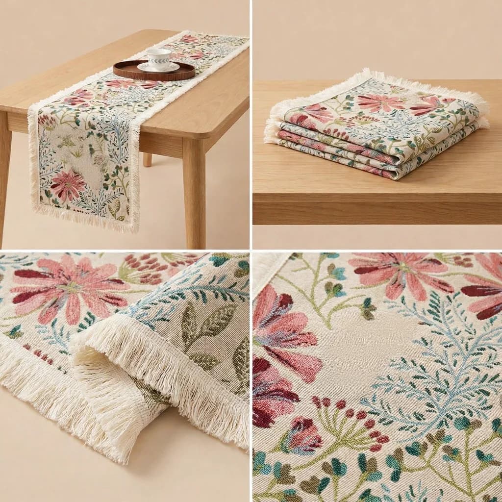 Runner da Tavolo Jacquard in Misto Cotone con Motivo Floreale per Arredo Sala da Pranzo