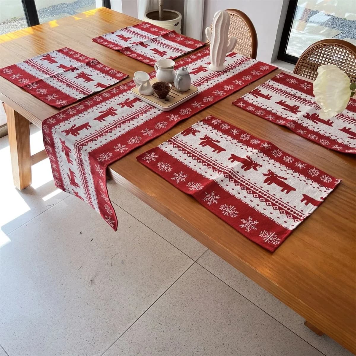 Set Runner da Tavola e Tovagliette Natalizie Stile Nordico Mistura Poliestere Cotone