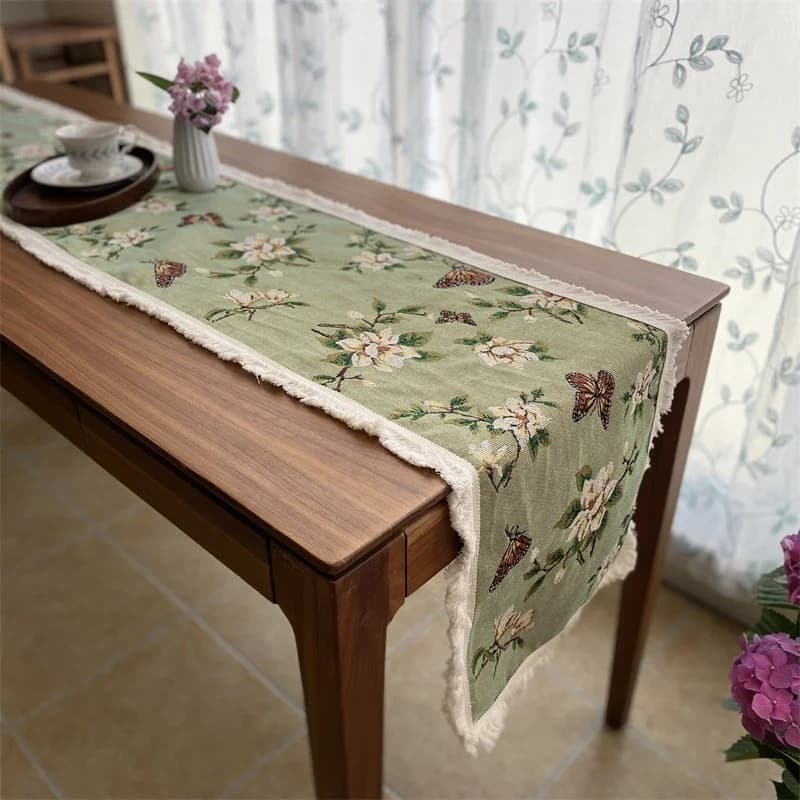 Runner da Tavolo in Cotone e Lino Stile Country Americano con Nappine