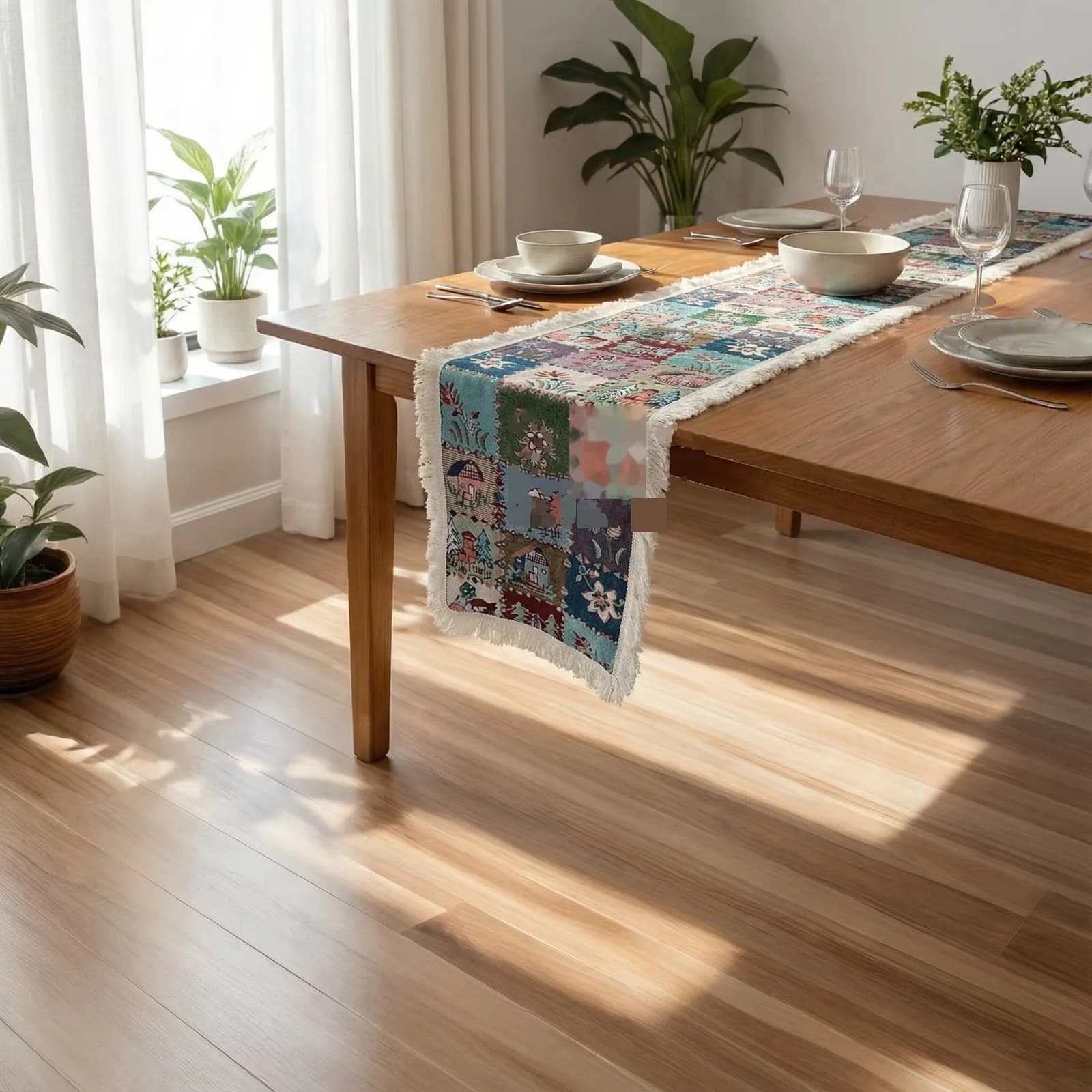 Runner da Tavola Stile Country Americano Stampa Floreale e Piante in Misto Cotone