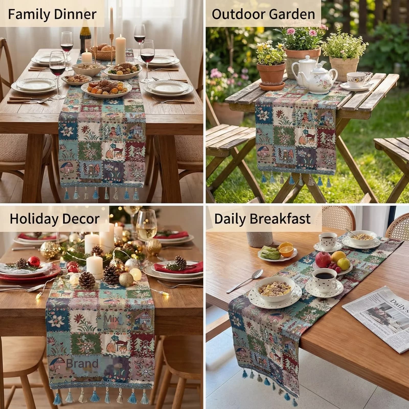 Runner da Tavola Stile Country Francese in Misto Cotone e Lino con Motivo Floreale