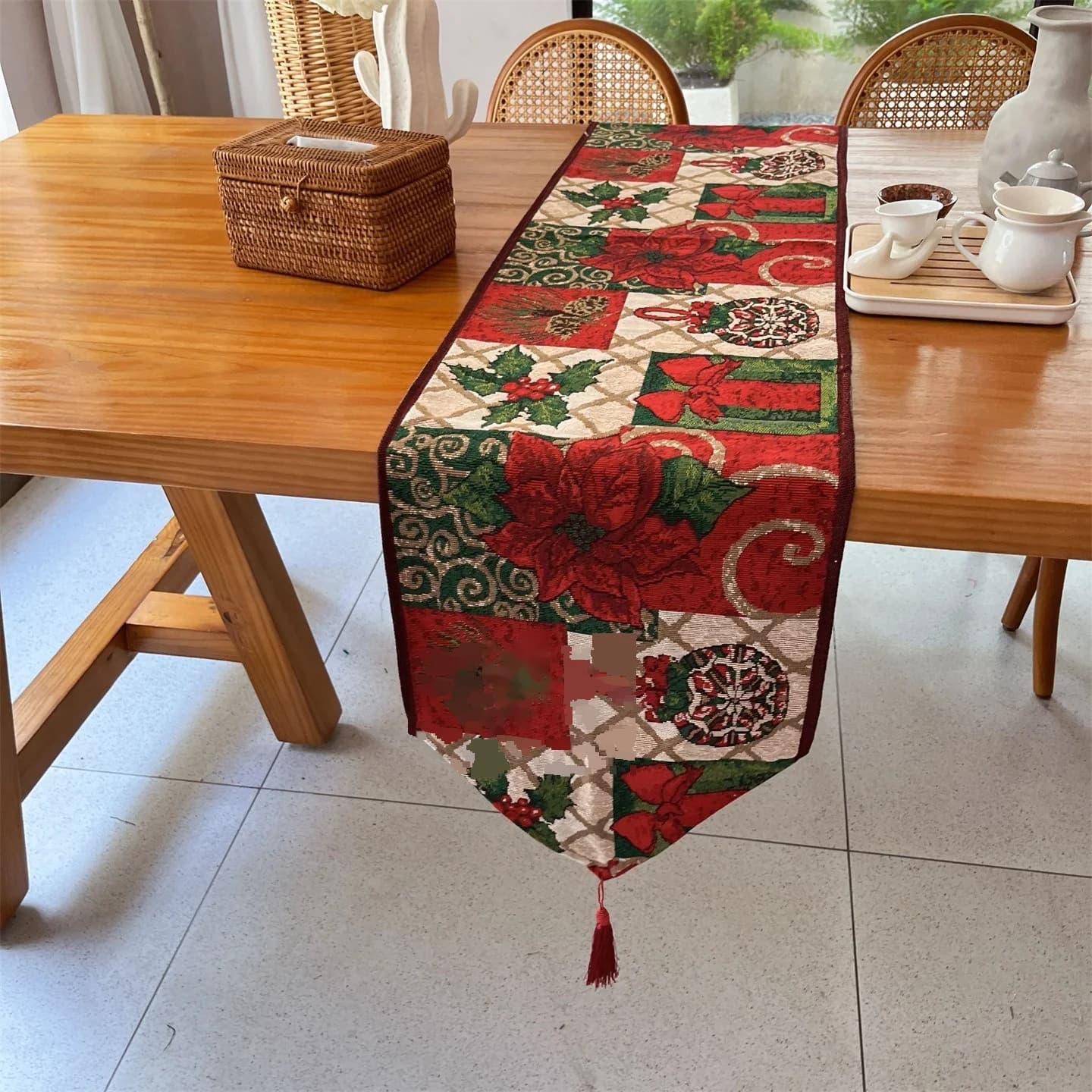 Runner da Tavola Natalizio Rosso Floreale Decorazione Festiva per Pranzo e Mobile TV