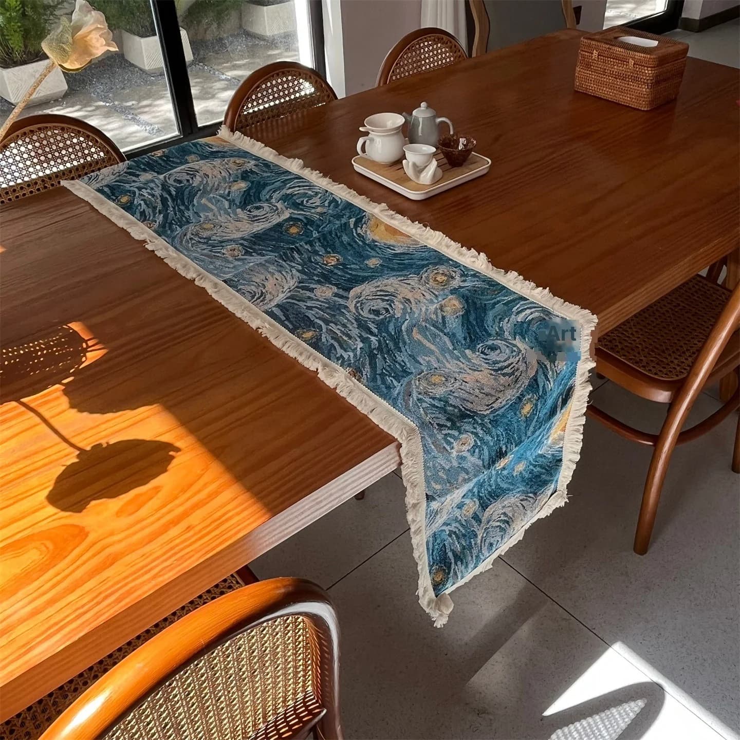 Runner da Tavola Stile Notte Stellata di Van Gogh in Misto Cotone