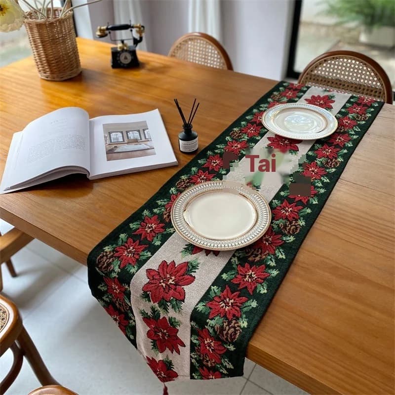 Runner da Tavolo Natalizio con Nappine, Stile Nordico Misto Poliestere Cotone