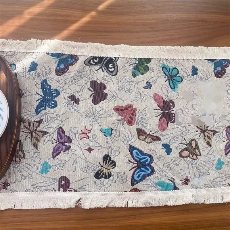 Runner da Tavola in Cotone e Lino Stile Country Americano con Motivo Floreale e Nappine