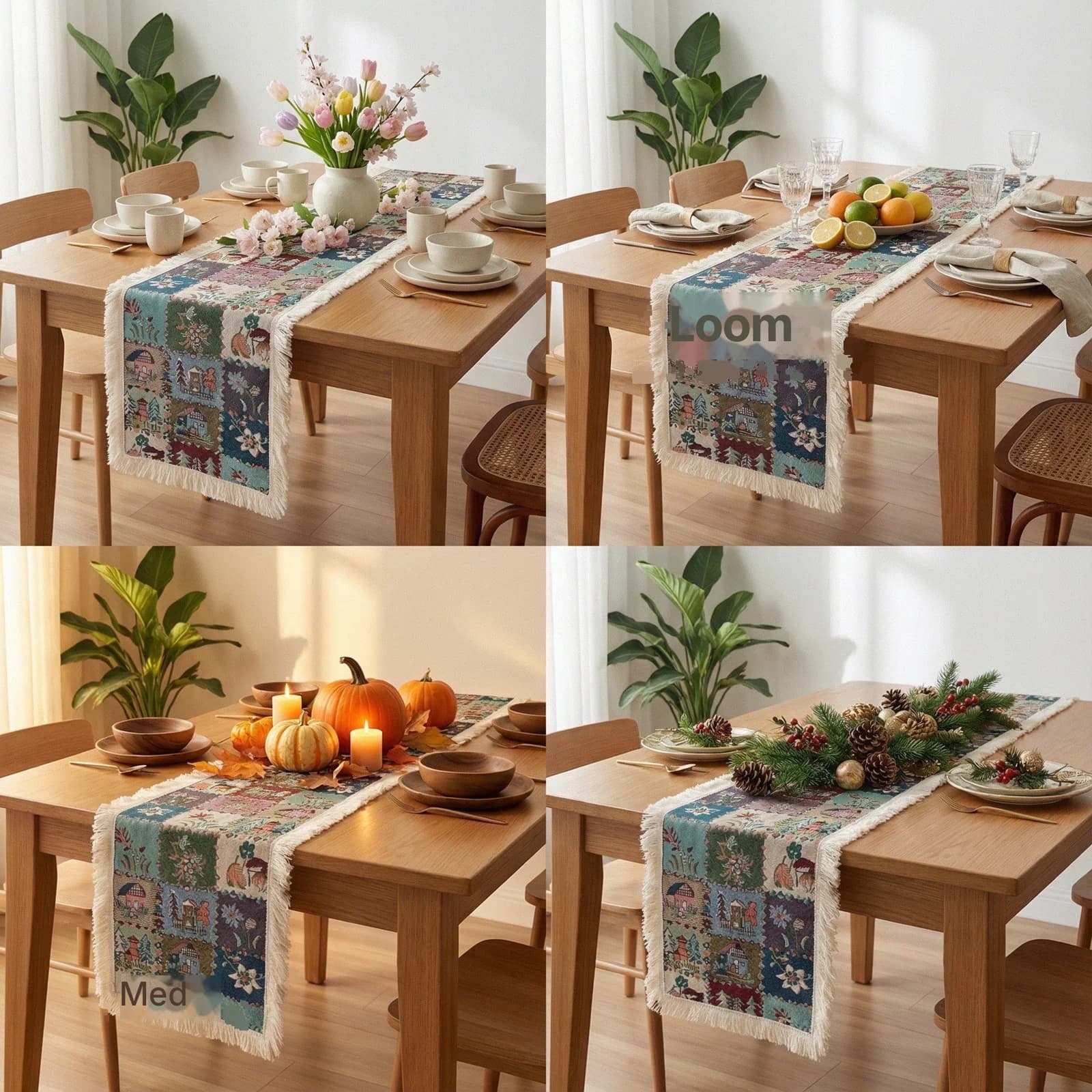 Runner da Tavola Stile Country Americano Stampa Floreale e Piante in Misto Cotone