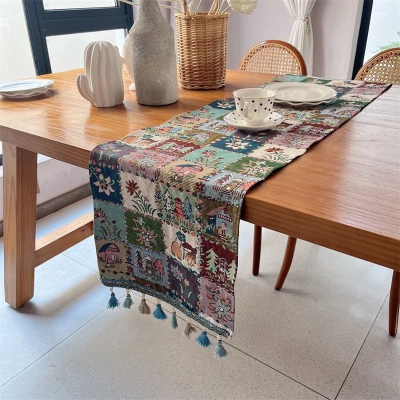 Runner da Tavolo in Mistura Cotone con Stampe Farfalle e Floreali