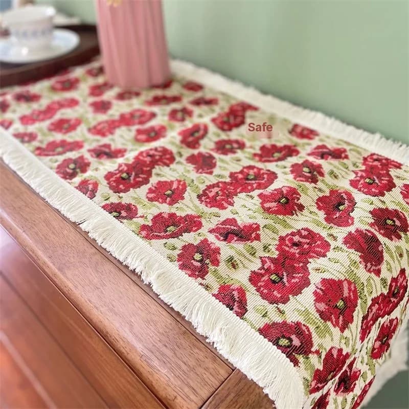 Runner da Tavola Stile Country in Misto Cotone con Decoro Floreale