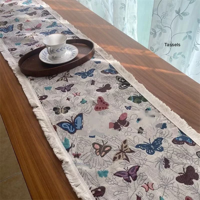 Runner da Tavola in Cotone e Lino Stile Country Americano con Motivo Floreale e Nappine