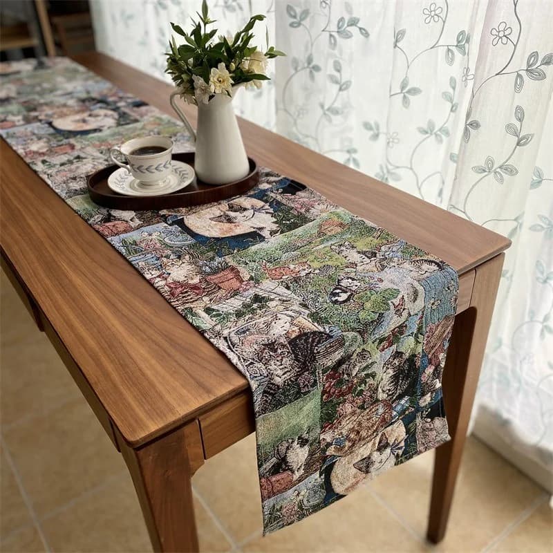 Runner da Tavola in Mistura Cotone Lino con Stampa Gatti Floreali per Arredo Casa