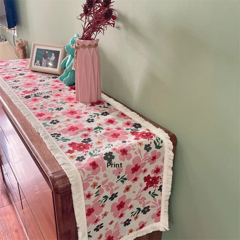 Runner da Tavola Stile Country Americano in Cotone Misto con Decorazione Floreale
