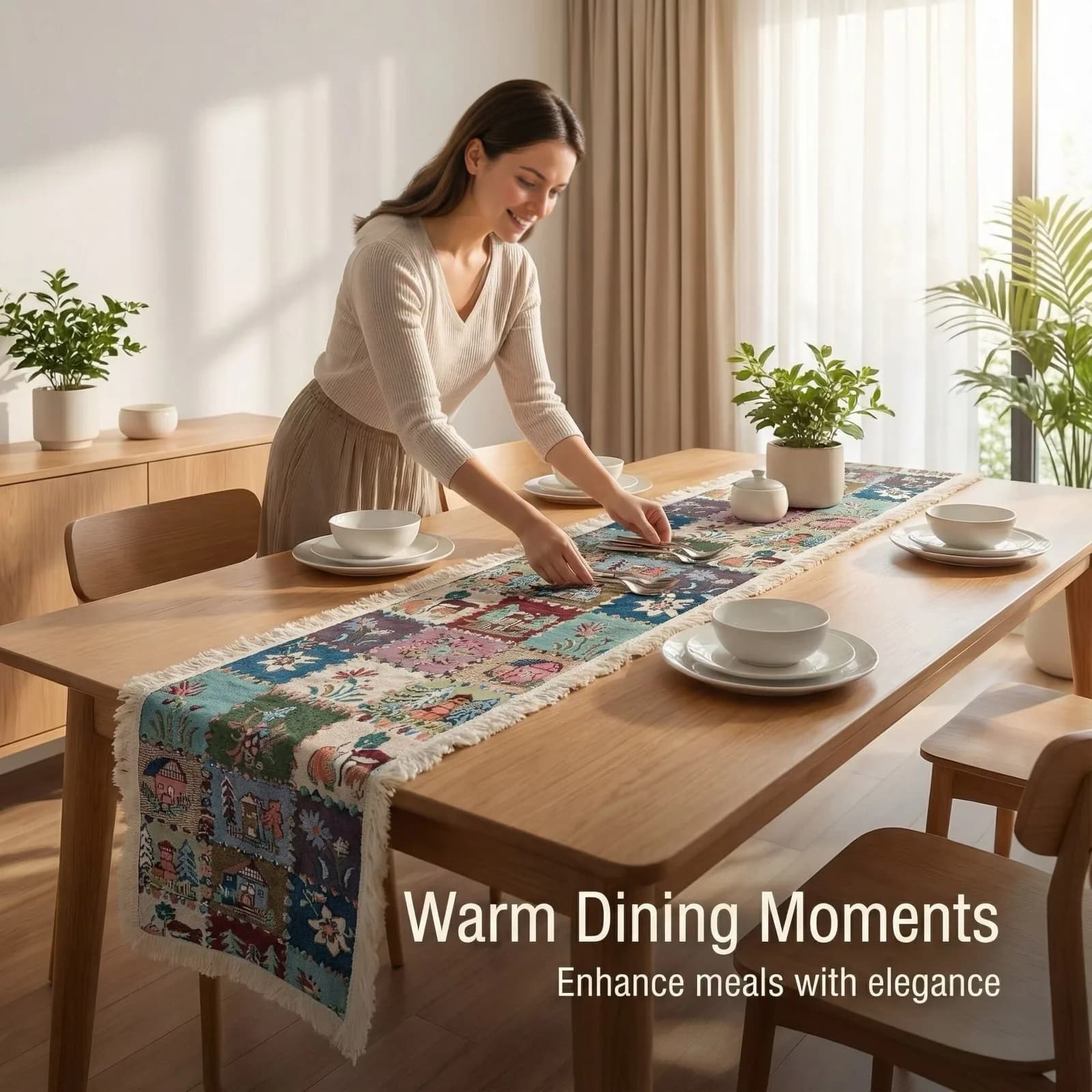 Runner da Tavola Stile Country Americano Stampa Floreale e Piante in Misto Cotone