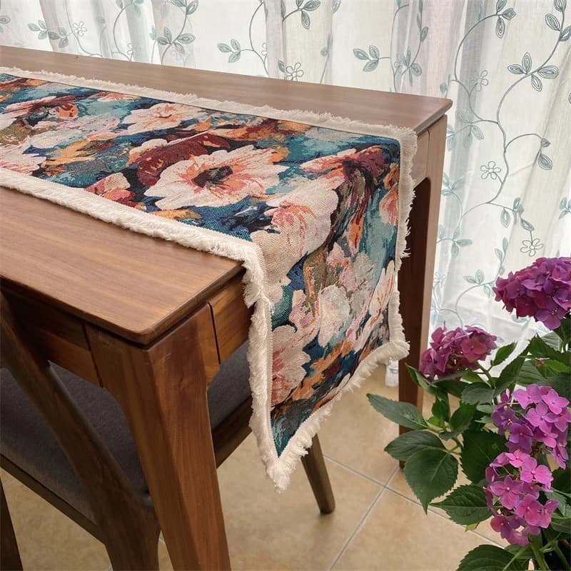 Runner da Tavola in Cotone e Lino Floreale Stile Country Americano con Nappine