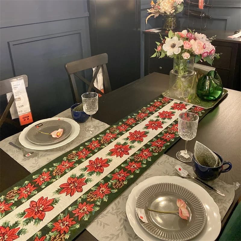 Runner da Tavola Natalizio Jacquard Mistura Cotone Fiore Rosso Renne Regalo