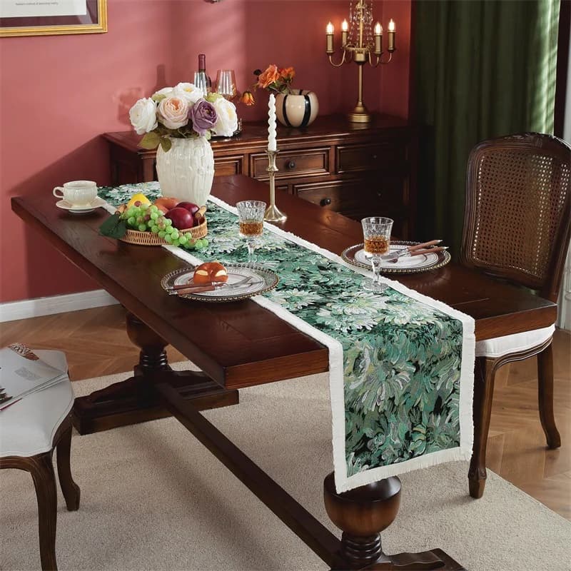Runner da Tavola Vintage Stile Dipinto ad Olio Francese con Frange