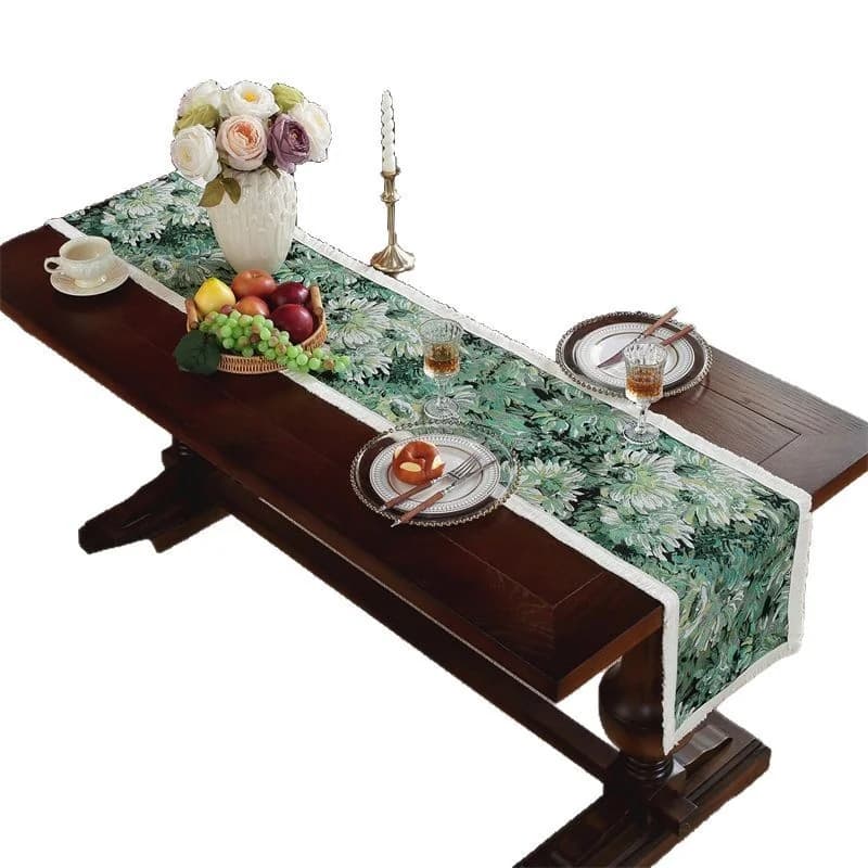 Runner da Tavola Vintage Stile Dipinto ad Olio Francese con Frange